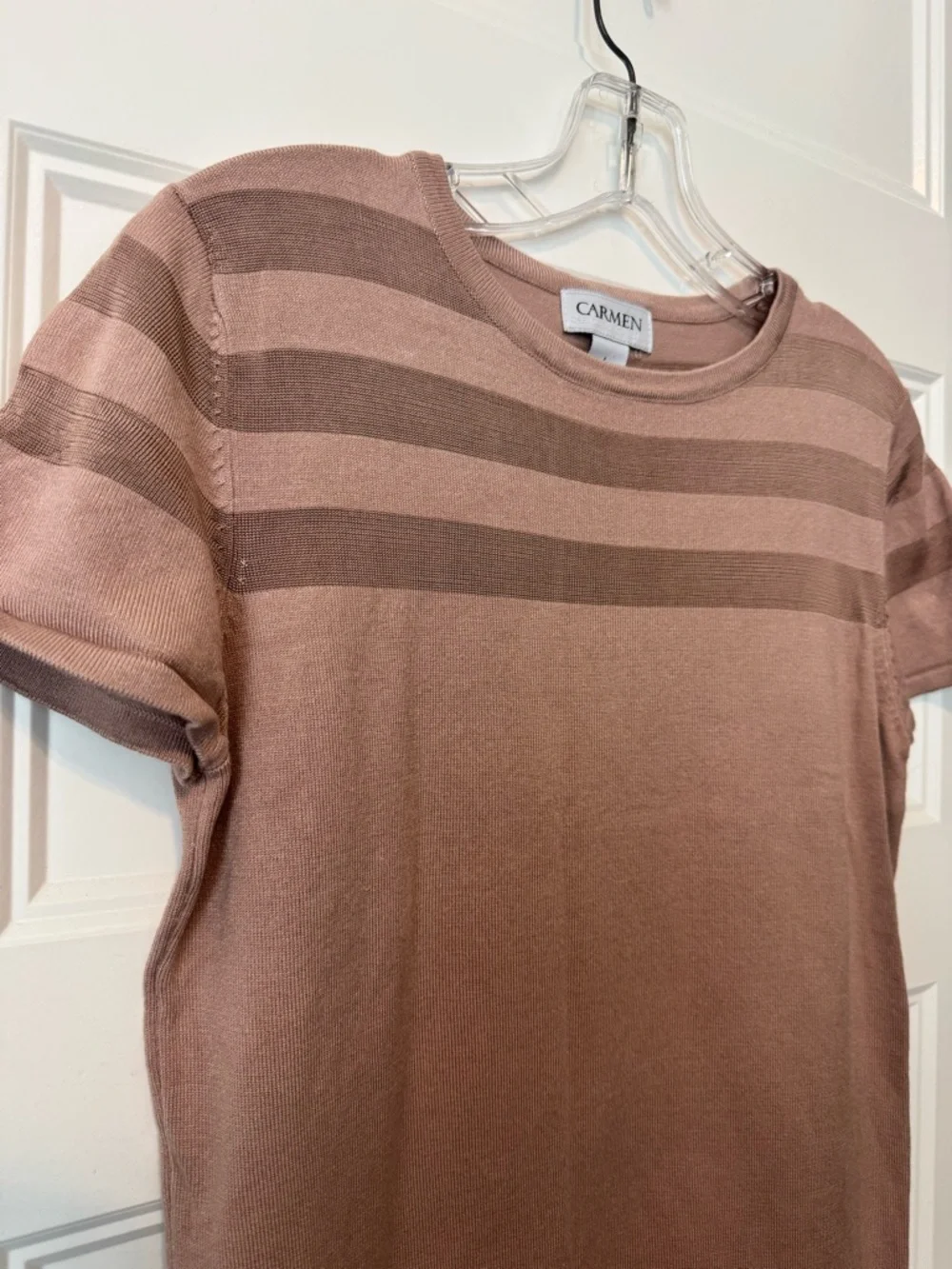 Carmen Marc Valvo Knit Top Short Sleeve Striped Dusty Pink Size Large - Picture 2 of 5
